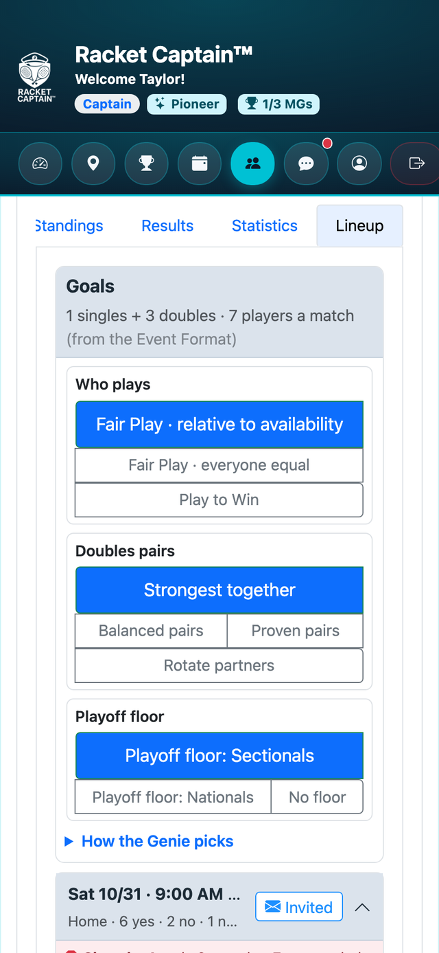 Racket Captain USTA Genie: set your goals and it recommends the lineup