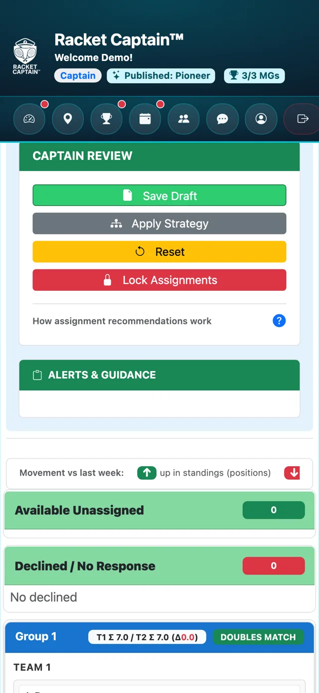 CAPTAIN REVIEW — Save Draft, Apply Strategy, Reset, Lock Assignments