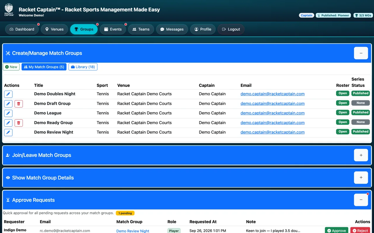 Create/Manage Match Groups — New, My Match Groups, Library
