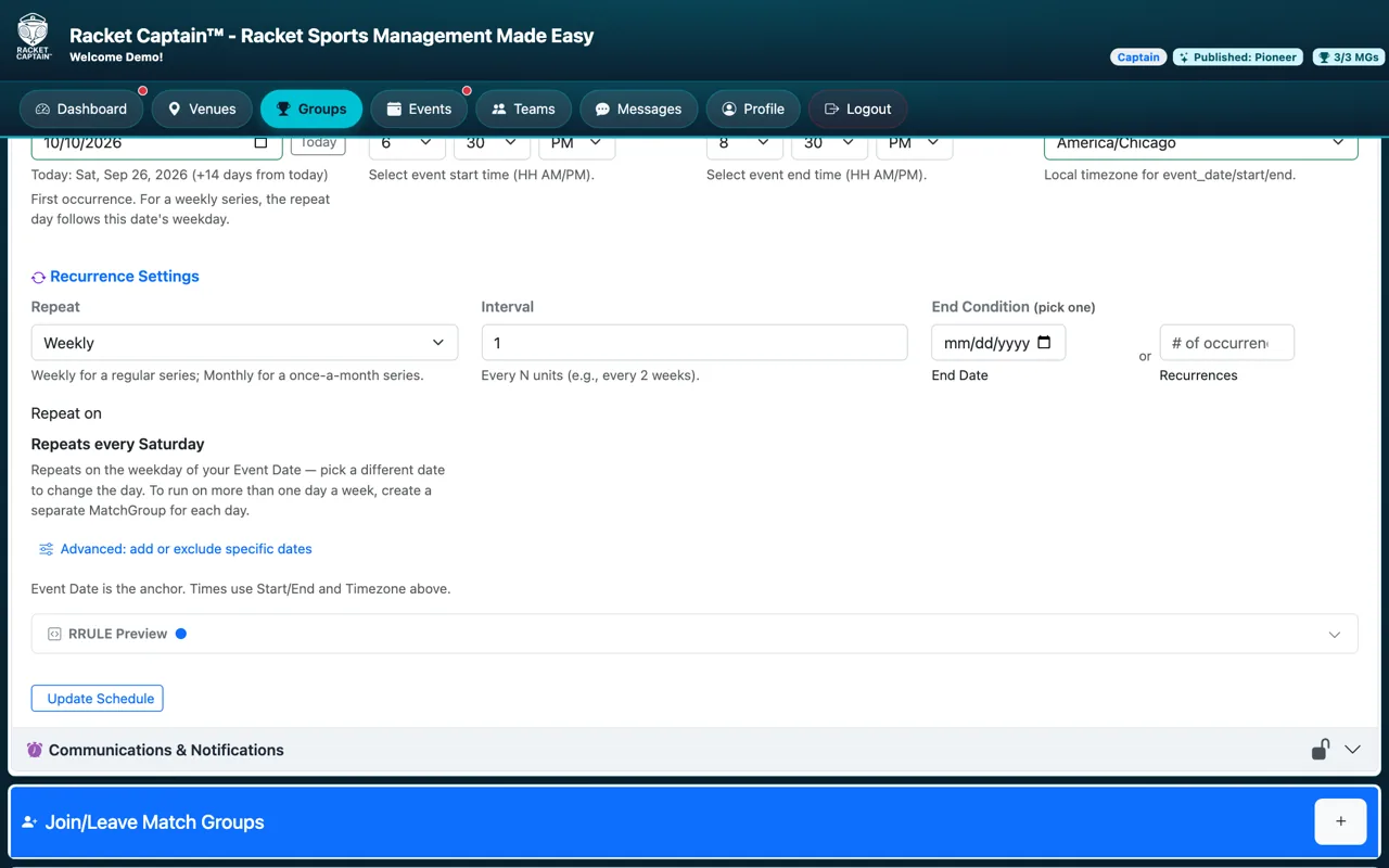 Recurrence Settings and Update Schedule