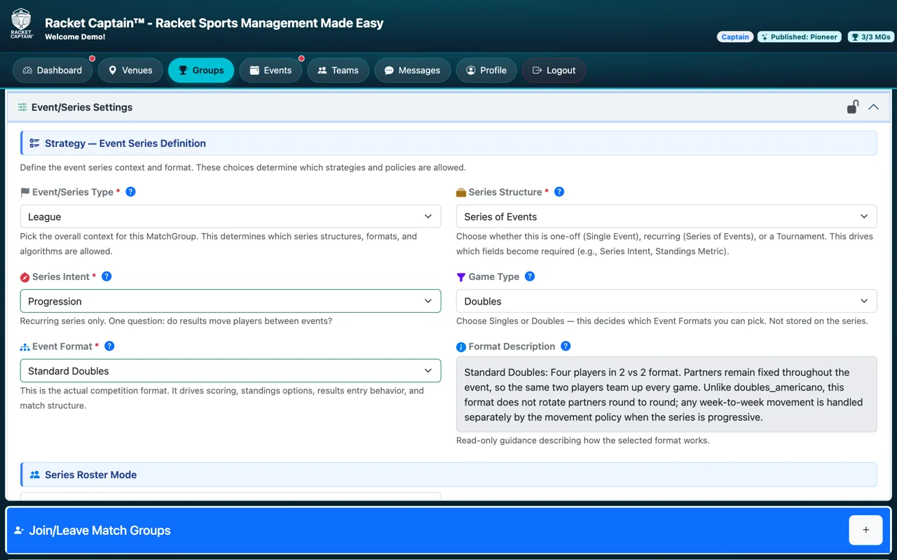 Event/Series Settings — type, structure, intent, game type, format
