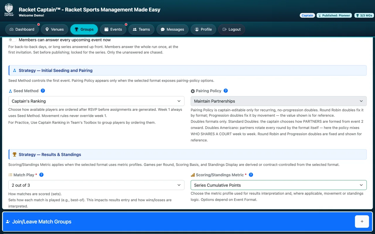 Seeding and Pairing, Results & Standings, Update Settings