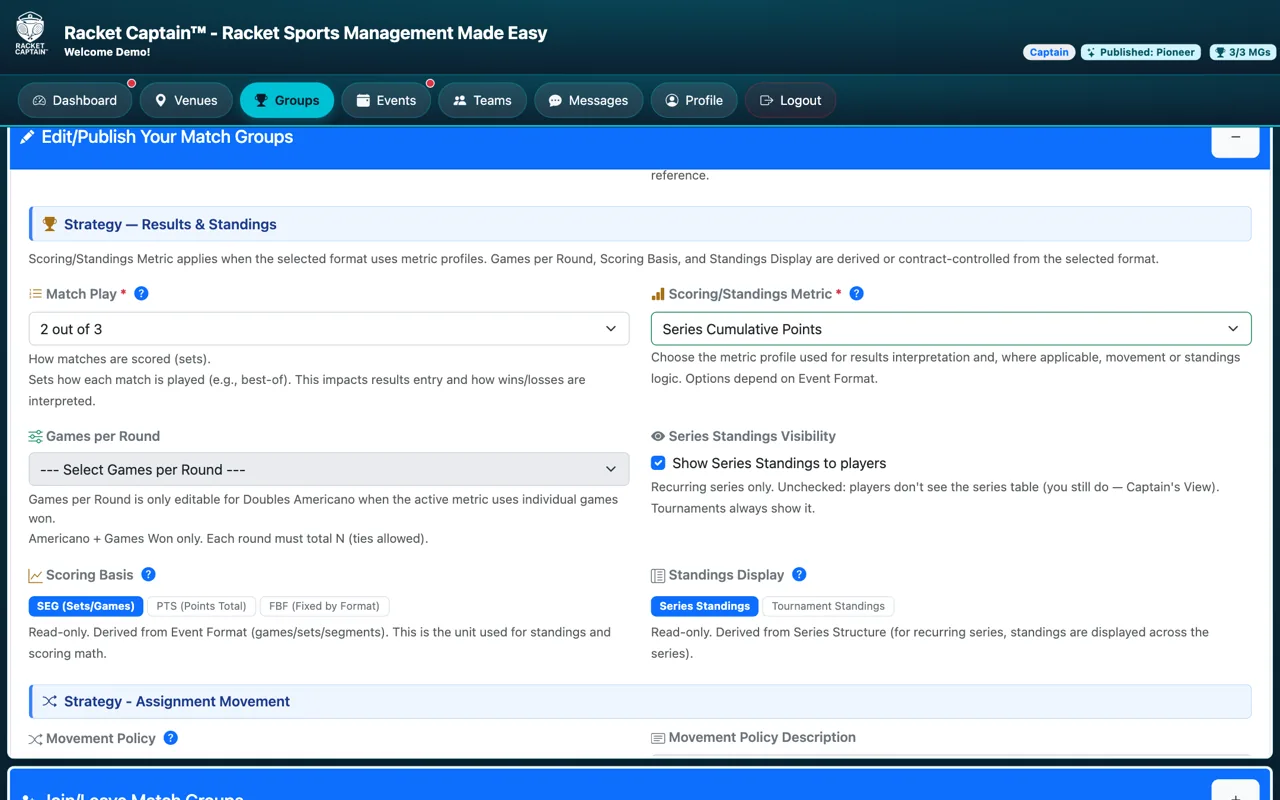 Event/Series Settings — Results & Standings