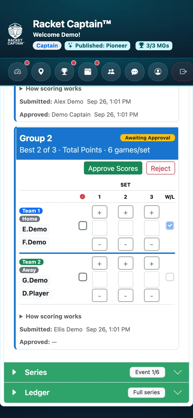 Results & Standings — Captains only badges
