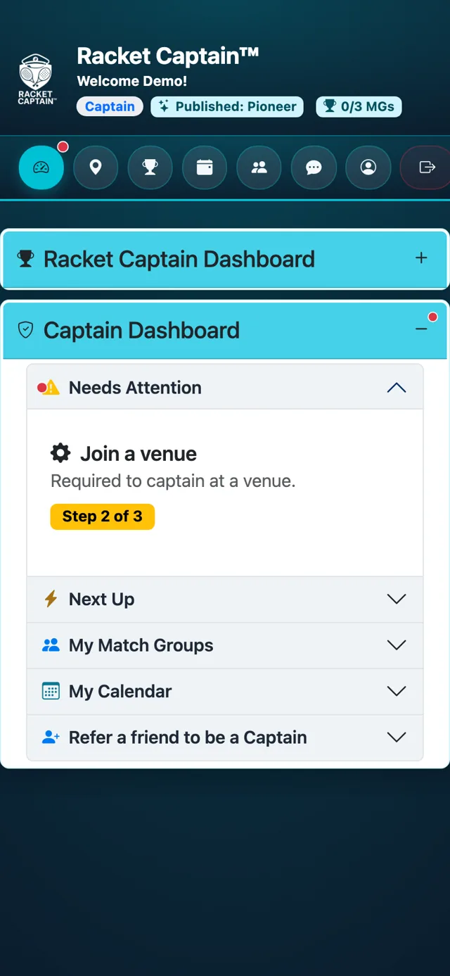 Select a sport and Join a venue steps