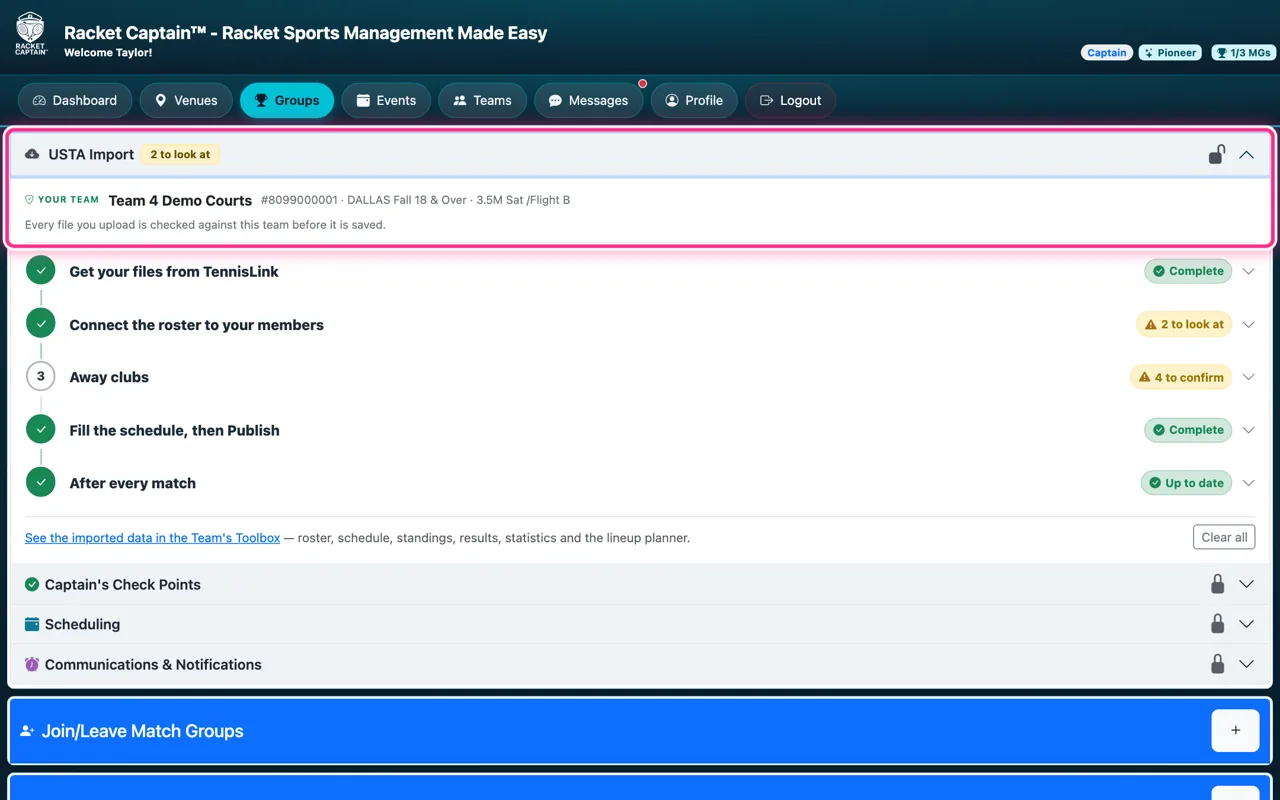 USTA Import on the group's edit page
