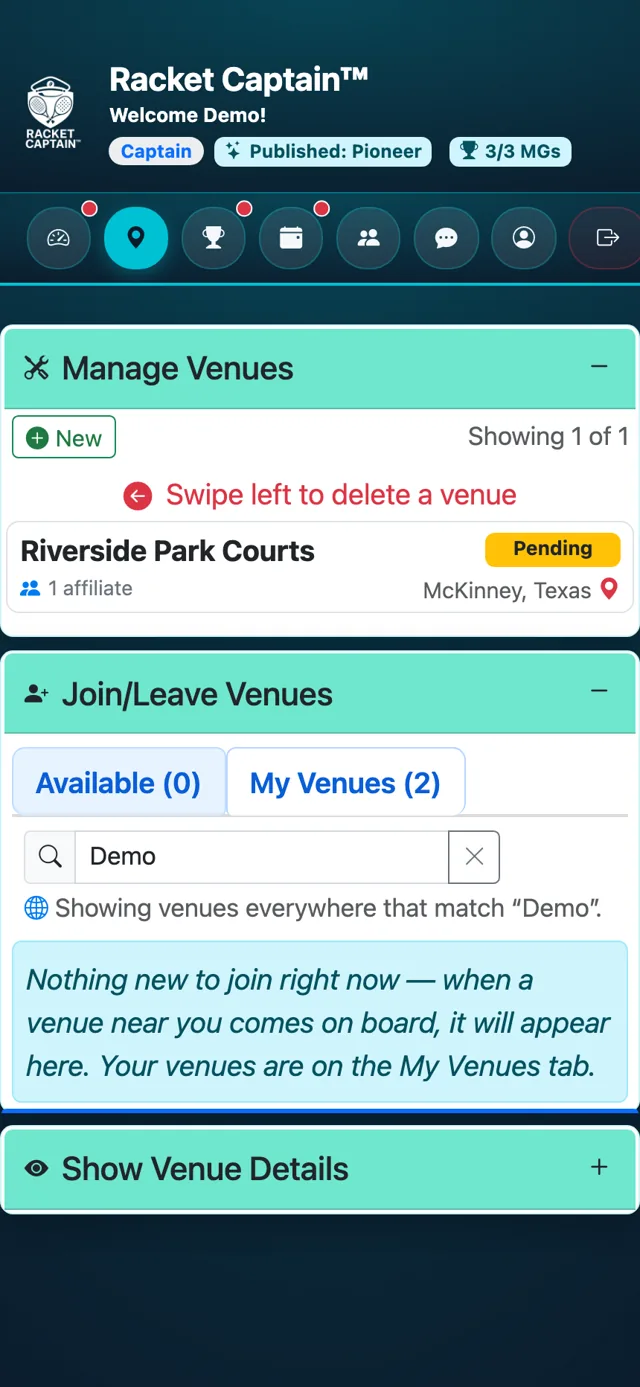 Venues page — search, venue already listed