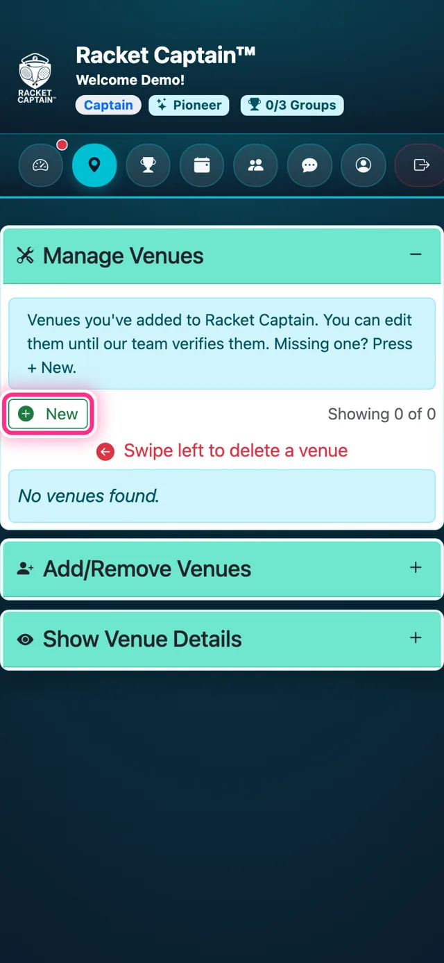 Manage Venues — the + New button