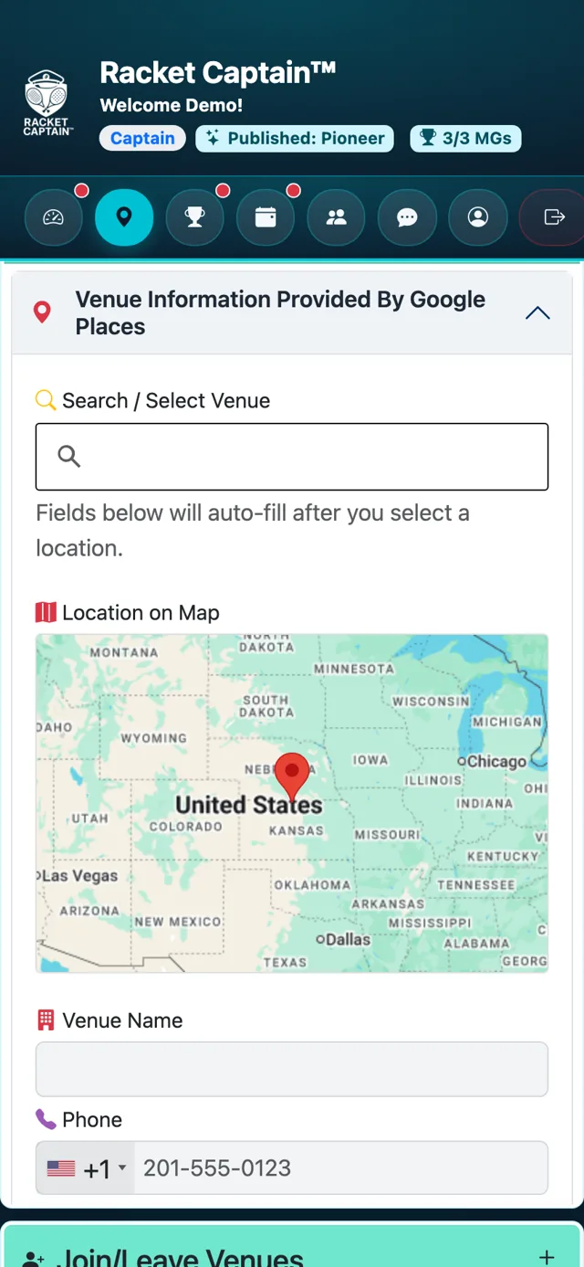 Create Venue — Search / Select Venue with Google Places results
