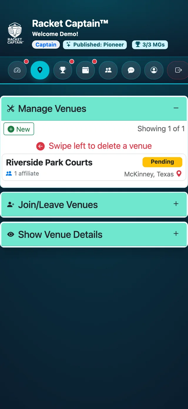 Manage Venues — the new venue with its Pending badge