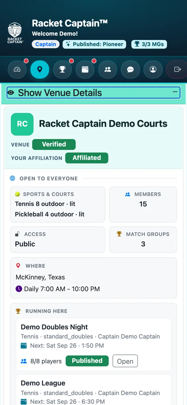 Show Venue Details — the Verified badge