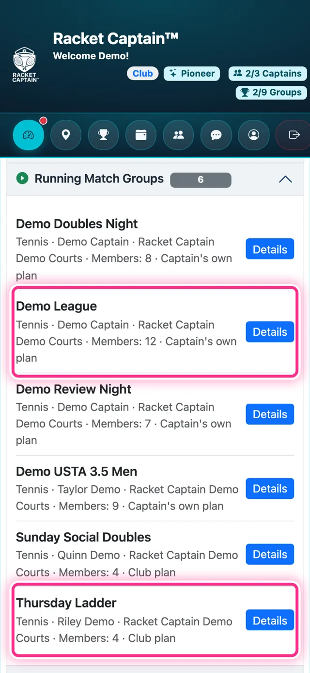 Club Dashboard — Running Match Groups