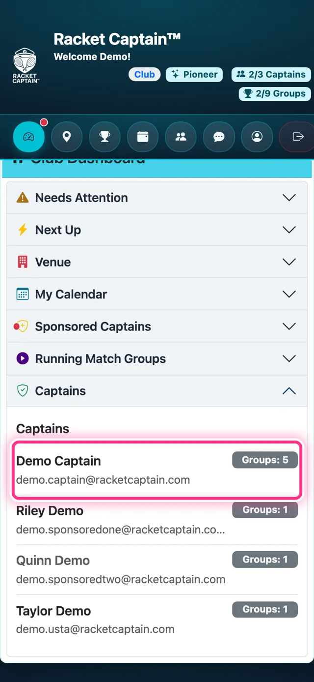Club Dashboard — Captains, one captain with a Groups count