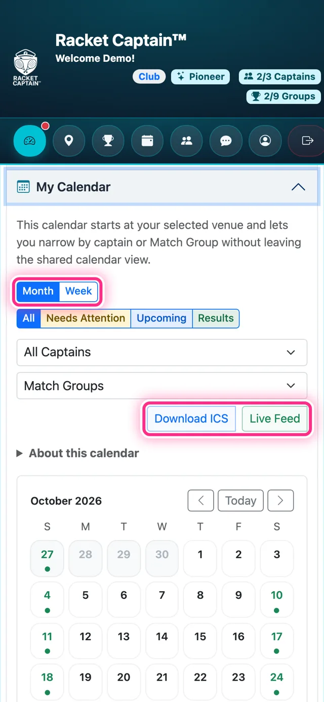 Club Dashboard — My Calendar with the captain and group filters