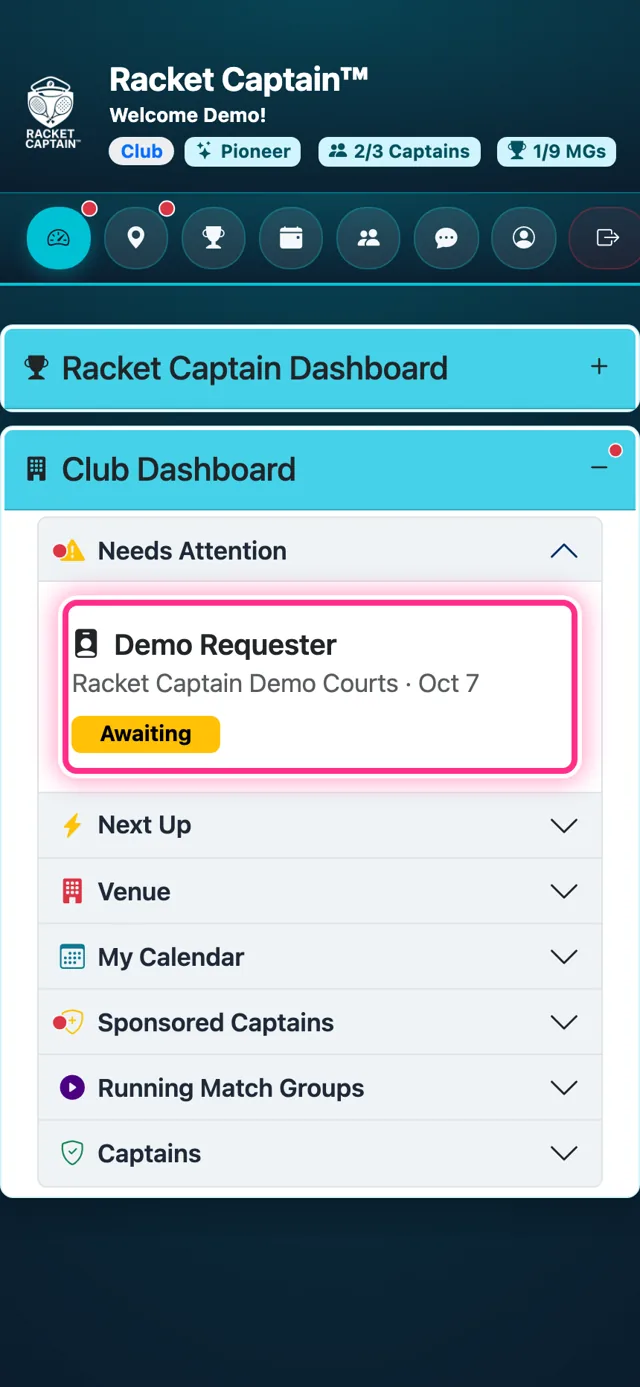 Club Dashboard — Needs Attention with one venue request