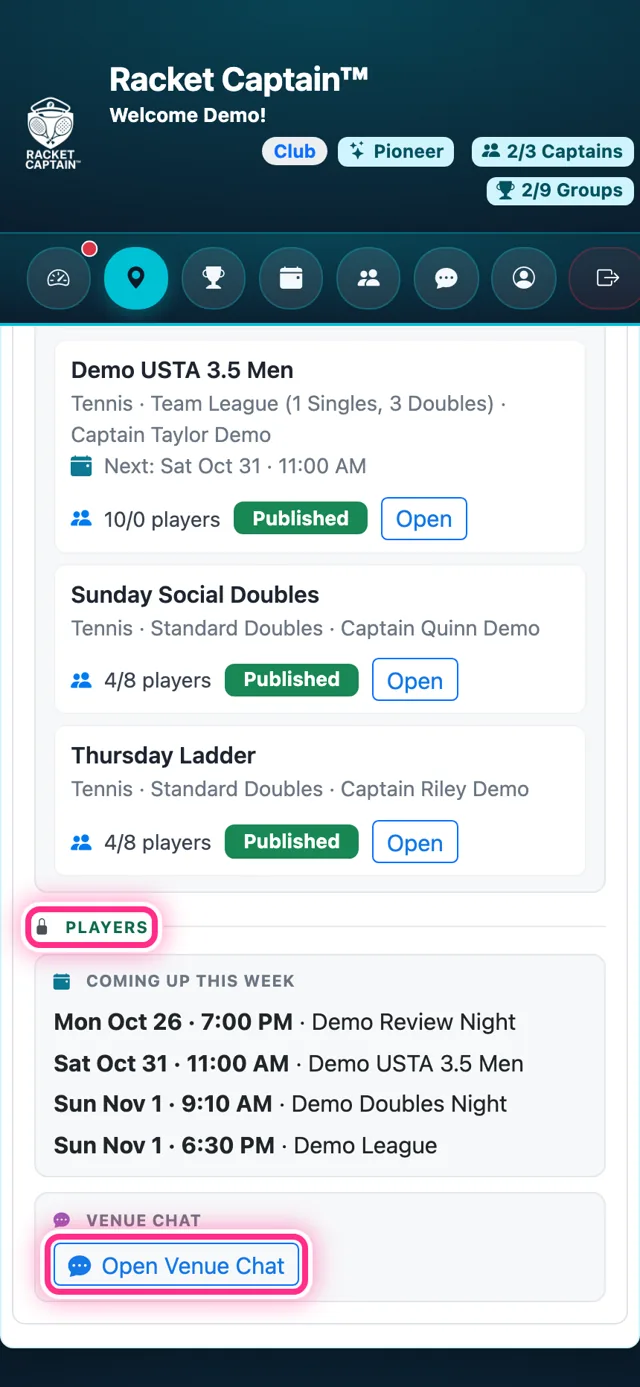 Venue card — the Venue chat link