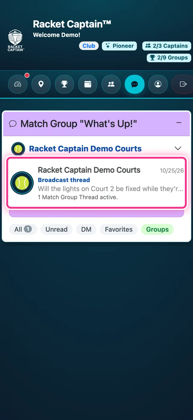 Messages — the venue chat pinned at the top under the venue's name