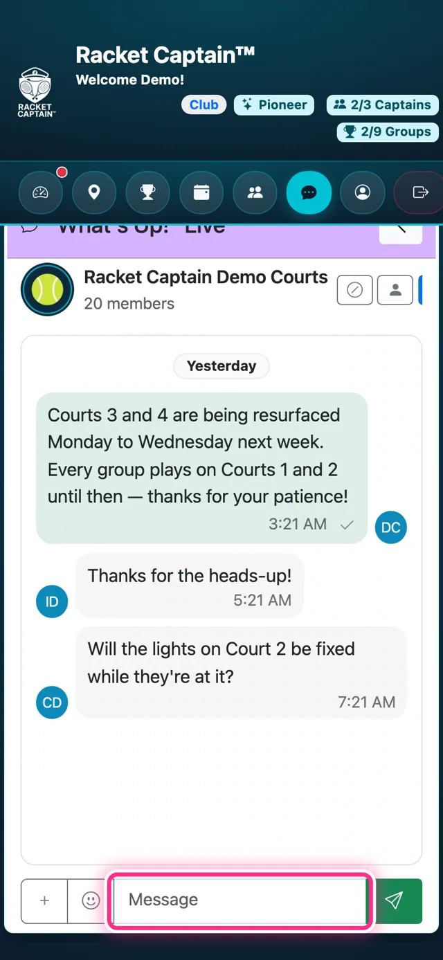 Your venue chat — the conversation open, with the Message box