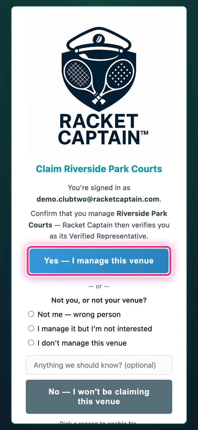 Claim page — Confirm that you manage the venue, Yes — I Manage This Venue