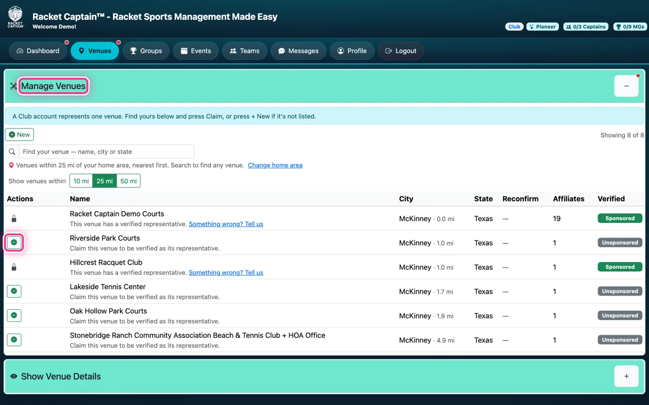 Manage Venues (computer) — the green claim button on the venue's row