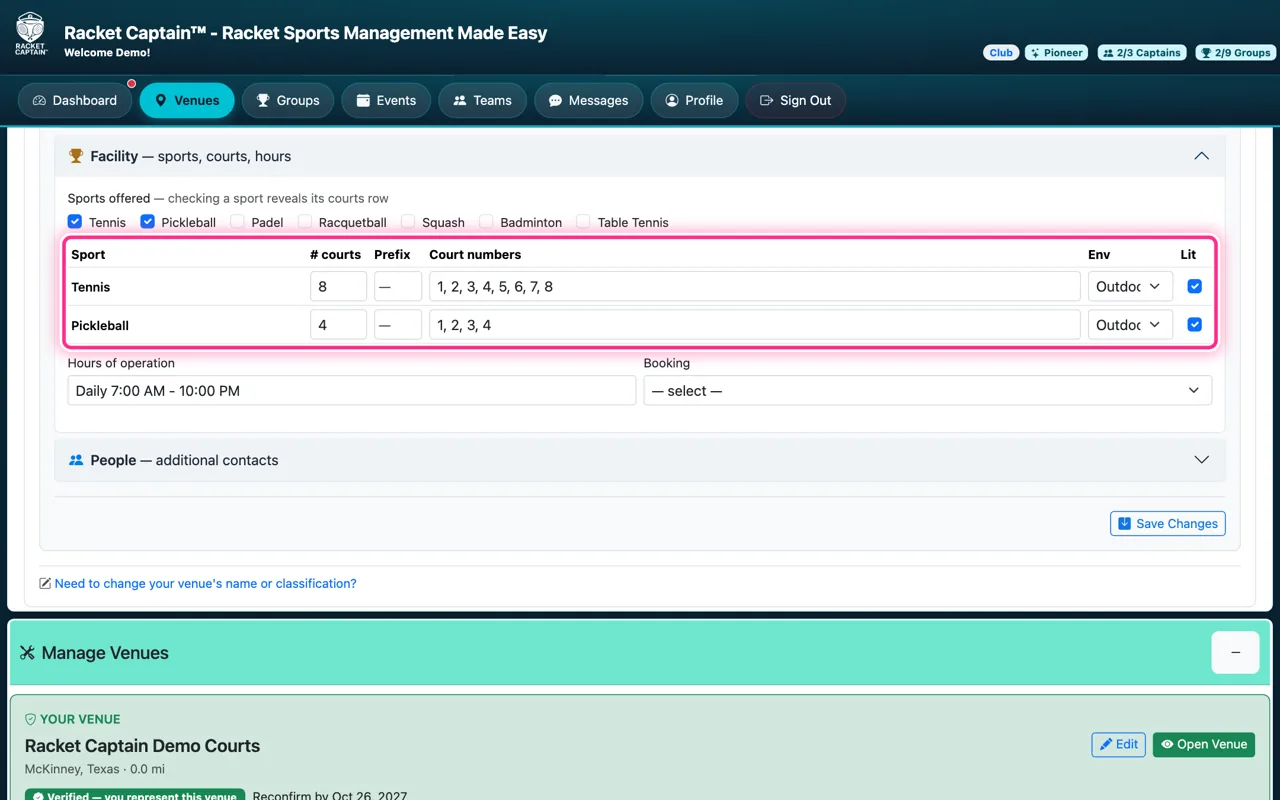 My Venue — Facility section: sports, courts, hours, booking