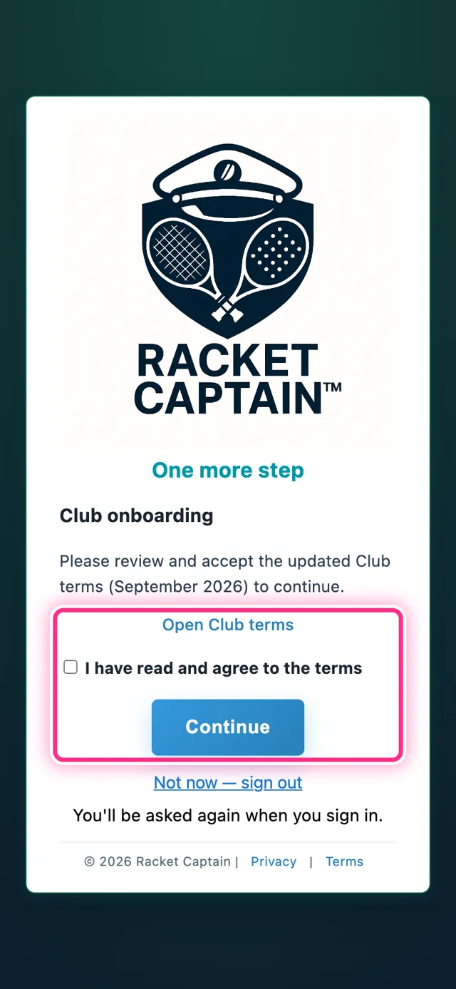 Club onboarding — Open Club terms, the agree checkbox, Continue