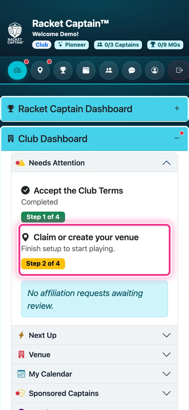 Club Dashboard — Claim or create your venue, 2 of 4