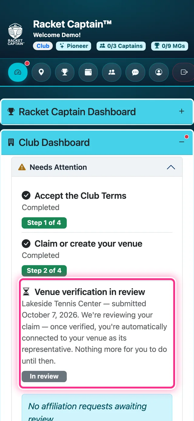 Club Dashboard — Venue verification in review