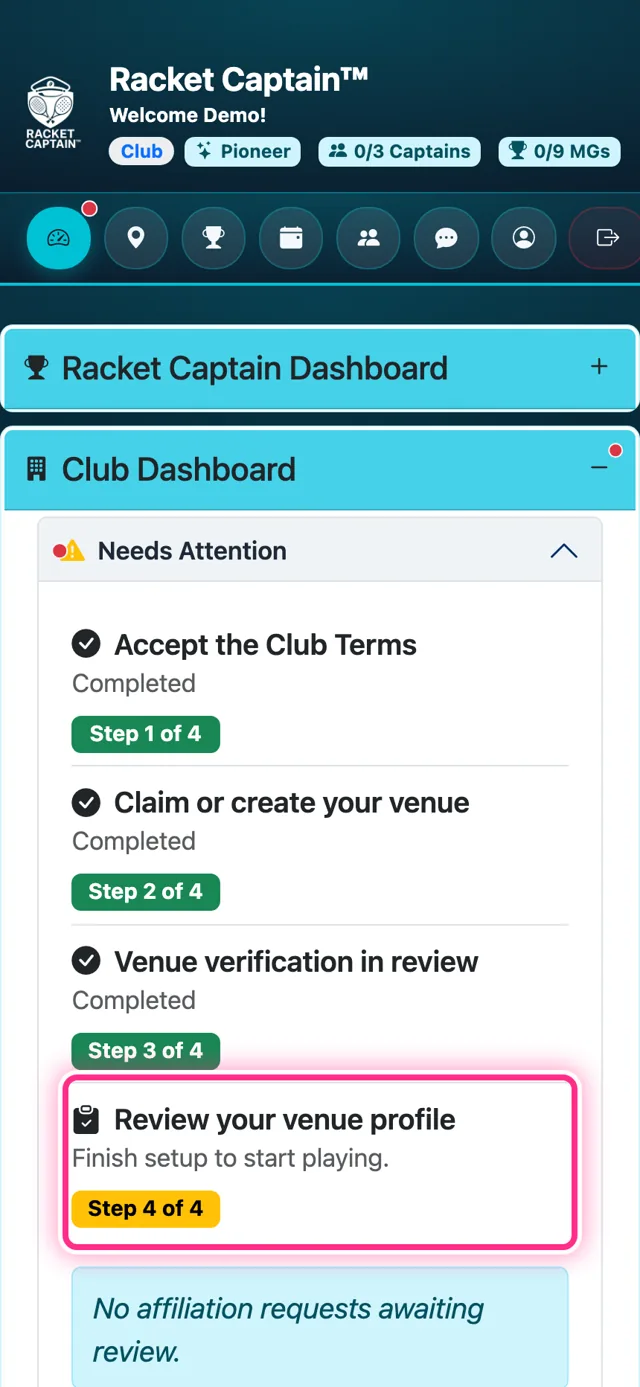 Club Dashboard — Review your venue profile, 4 of 4