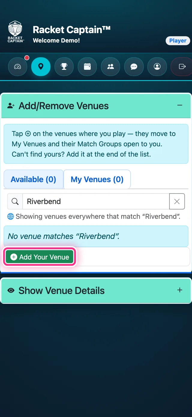 Add/Remove Venues — a search with no match, the Add Your Venue row