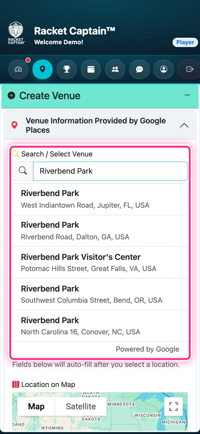 Create Venue — Google search and map