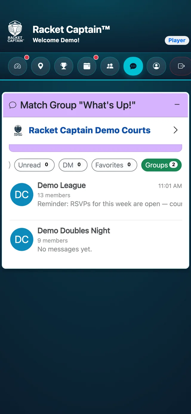 Messages — the Groups filter selected, your team listed