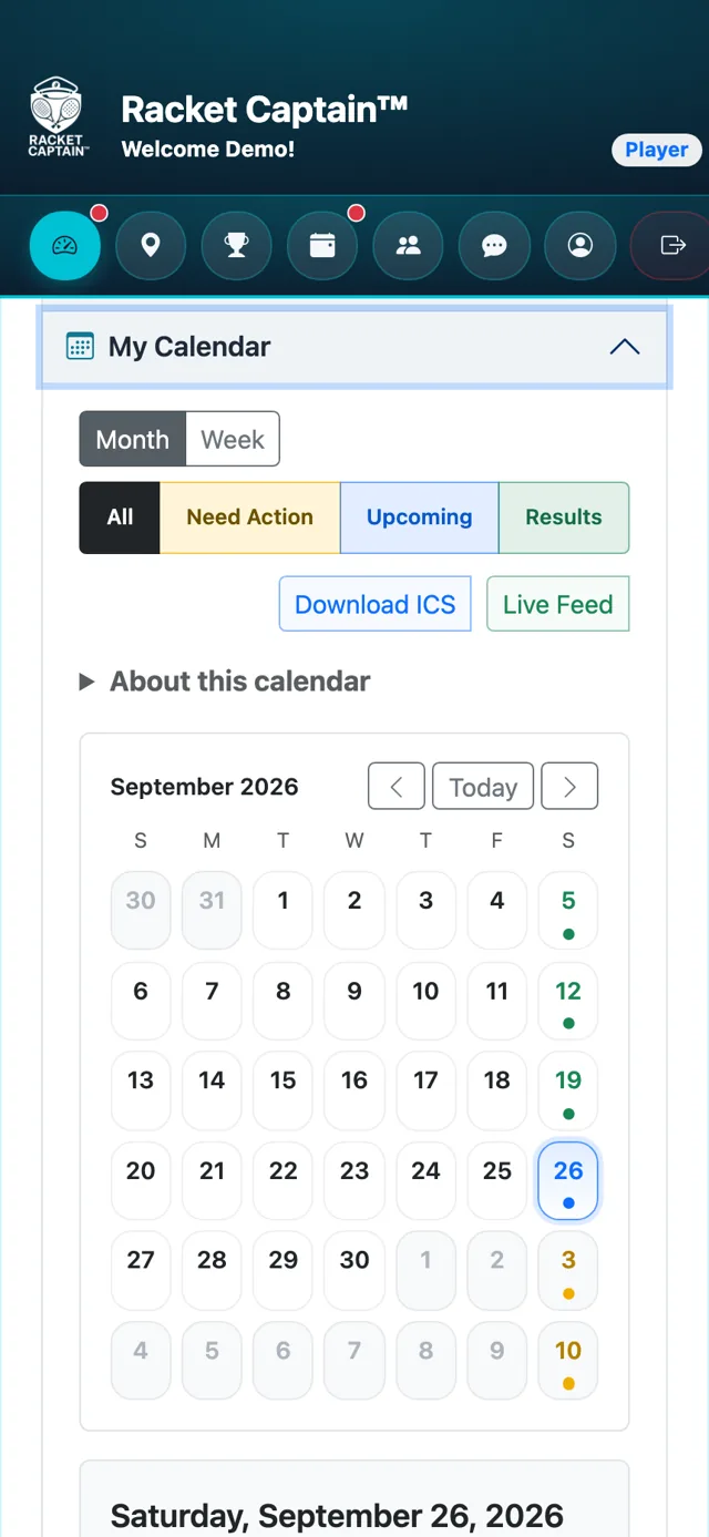 Mi calendario — botones Feed en vivo y Descargar ICS
