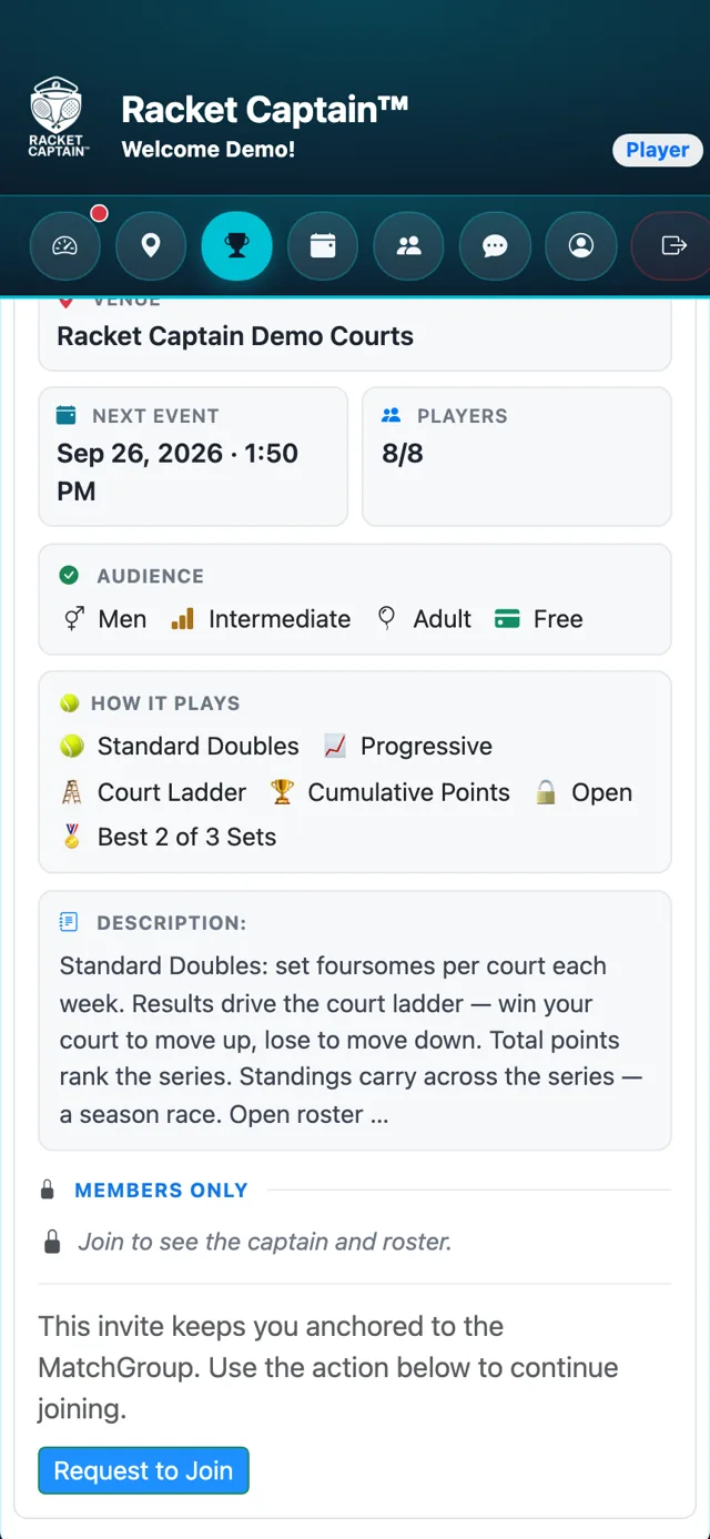 Show Match Group Details — opened from an invite link