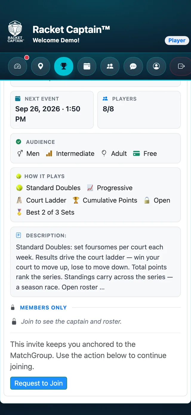 Match Group details — the Join MatchGroup button