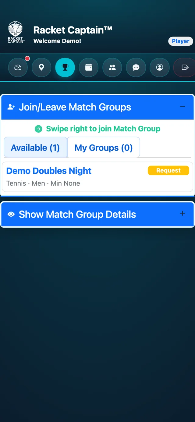 Group row — the Join button (and Join as: Player / Substitute)