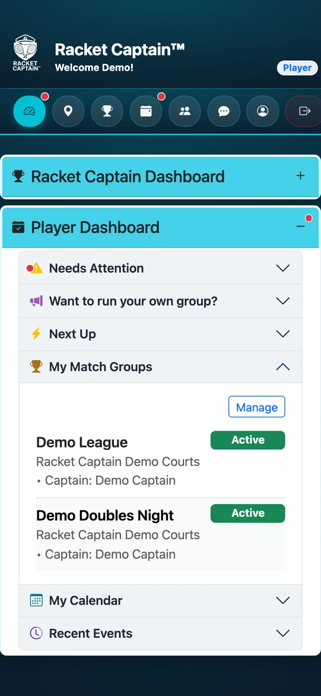 Player Dashboard — My Match Groups with the new group