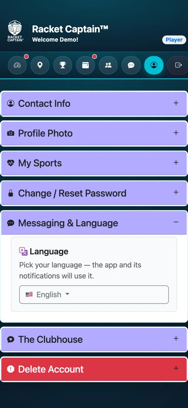 Messaging & Language — the language picker