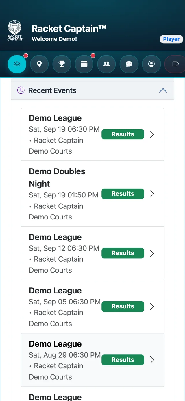 Player Dashboard — Recent Events with a finished match