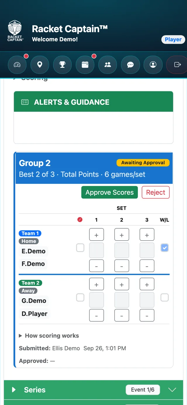 A court's result — Submit Scores / Approve Scores buttons