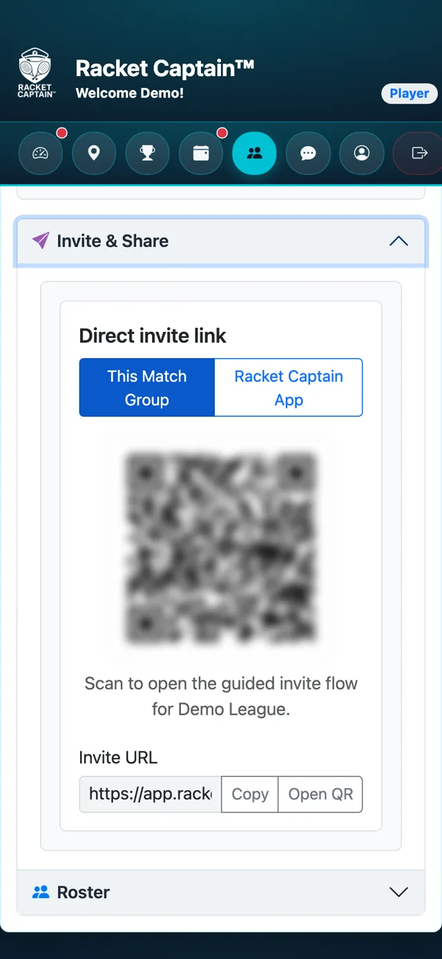 Invite URL with Copy and Open QR